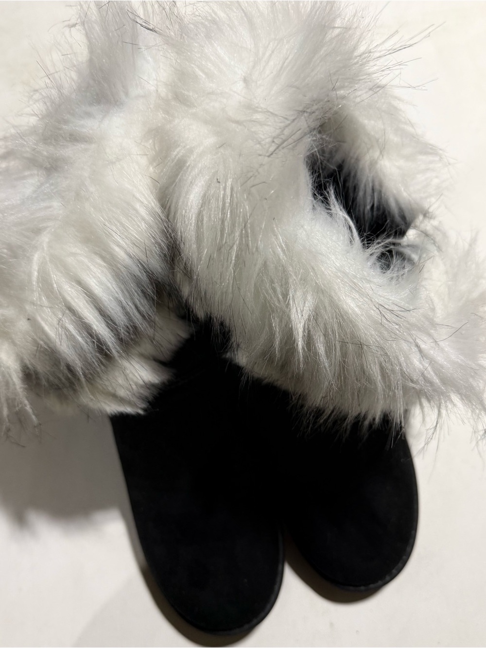 Only Black Suede Ankle Boots with White Faux Fur Trim